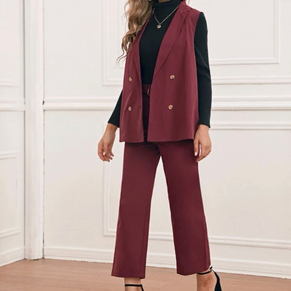 Pants and blazer set -notched collar top-double button at front-high waist pants